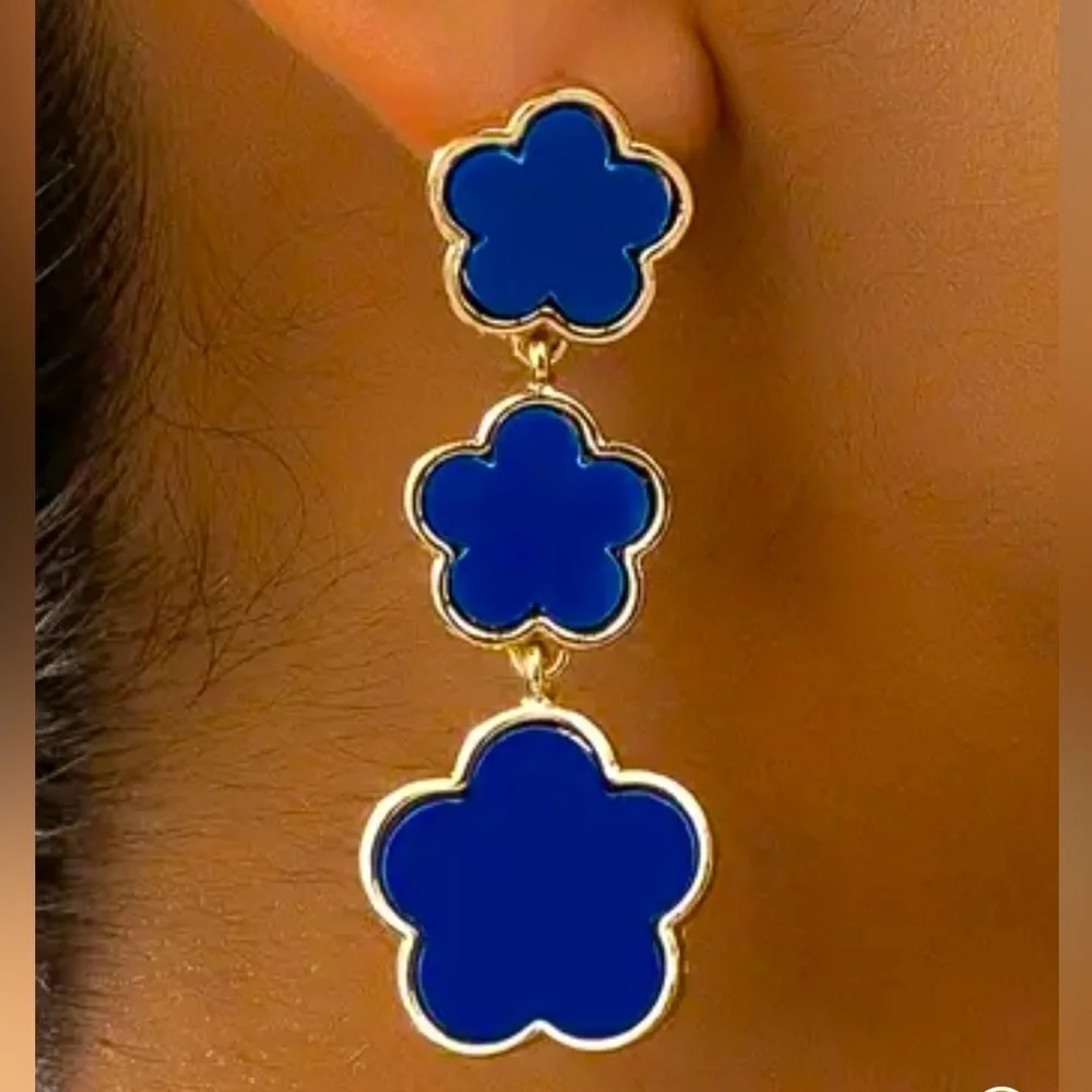 BLUE FLOWER DESIGN LONG DANGLE EARRINGS RETRO BOHEMIAN STYLE JEWELRY NEW